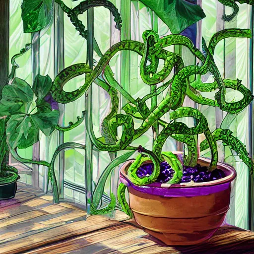 Image similar to several green and violet poisonous spiked tentacula vines grow from a pot, on wooden table in the ray of sunshine in greenhouse, digital art, hyper realistic, sharp focus, high detailed, calm, warm lighting, by Rutkowsky by Argyle