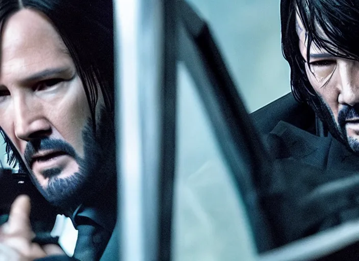 Image similar to john wick as a woman, award winning shot, close up, action movie