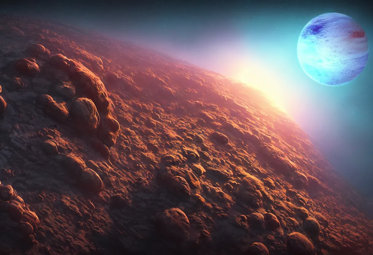 Image similar to planetary view of alien planet atmosphere matte painting, beautiful render, octane render, concept art