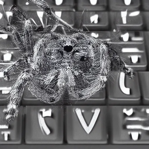 Prompt: a jumping spider pressing a tiny computer keyboard key tiny, scrolling computer mouse, music show, party lights, typing on a screen, writing says n minus infinity, s infinity, macro lens, iridescent, photomontage