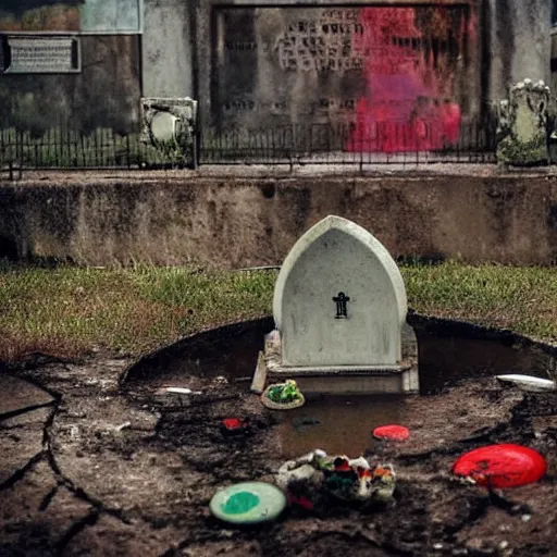 Image similar to The experimental art shows a grave that has been flooded with water. The grave is located in a cemetery in Italy. The water in the grave is dirty and there is trash floating in it. The grave is surrounded by a fence. 60s kitsch and psychedelia, Subway by Elizabeth Gadd sad, rich details