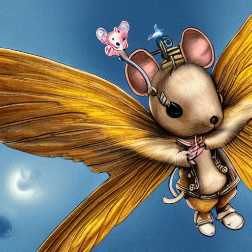 Image similar to a mouse wearing steampunk wings flying through Jupiter, fantasy illustration