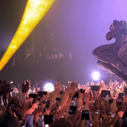 Prompt: kanye west performing a live concert on a moving roller coaster