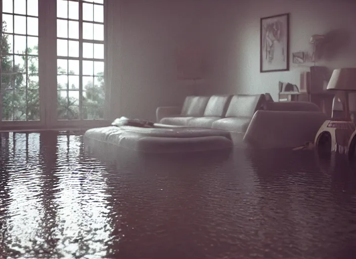 Image similar to kodak portra 4 0 0 photographic and realistic, 7 0 s living room, detailed, octane render, unreal engine, 4 k, artstation, hyper realistic, wide angle, floor flooded, how a river, objects that float, 3 5 mm, sharp focus, soft light, volumetric light fog, in the style of gregory crewdson