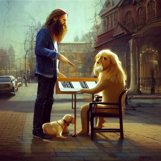 Image similar to oil painting of a young man with long hair blond and a beard hippie style with his golden retrever dog playing piano in the square for money, people watching around, by greg rutkowski, artstation