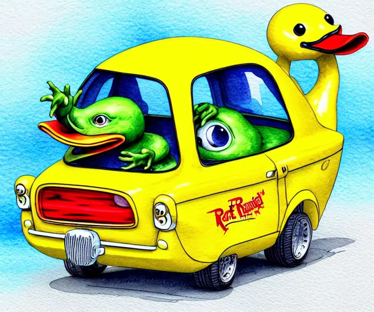 Image similar to cute and funny, duckling driving a tiny hot rod with an oversized engine, ratfink style by ed roth, centered award winning watercolor pen illustration, isometric illustration by chihiro iwasaki, edited by craola, tiny details by artgerm and watercolor girl, symmetrically isometrically centered