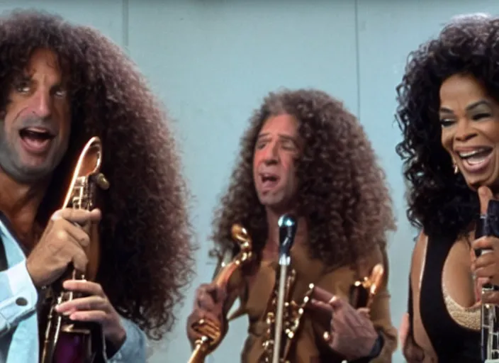 Image similar to film still of Kenny G and Oprah performing in the new Spinaltap movie, 4k