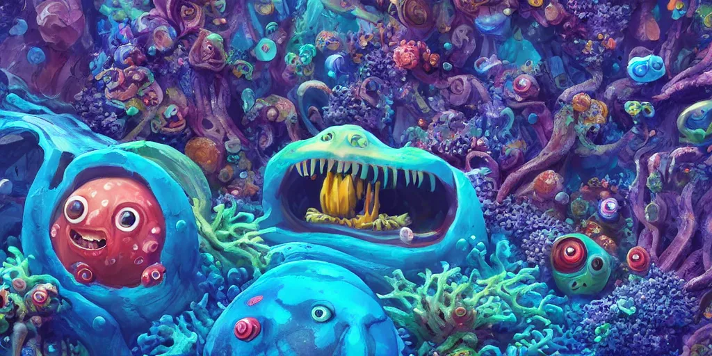 Image similar to of a colorful deep sea under water with strange cute friendly happy creatures with huge eyes, mouth, long tongue and round teeth appearing from sandy coral, in the style of gehry and gaudi, macro lens, shallow depth of field, ultra detailed, digital painting, trending artstation, concept art, illustration, cinematic lighting, photorealism, epic, octane render