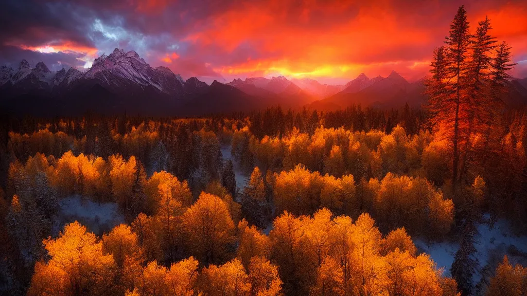Prompt: amazing landscape photo of golden taiga in sunset by marc adamus, beautiful dramatic lighting