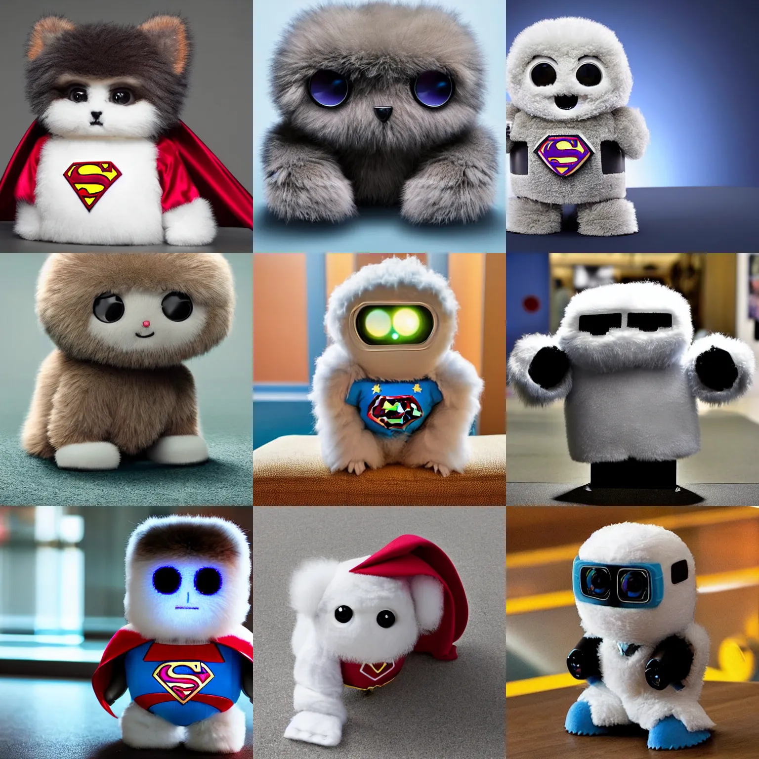 Prompt: <picture quality=hd+ mode='attention grabbing'>an adorable fluffy robot reveals it is a superhero</picture>