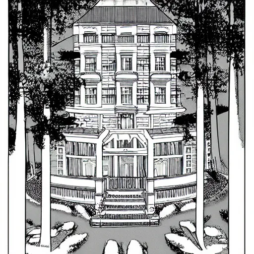 Prompt: a manga panel of a mansion inside a forest