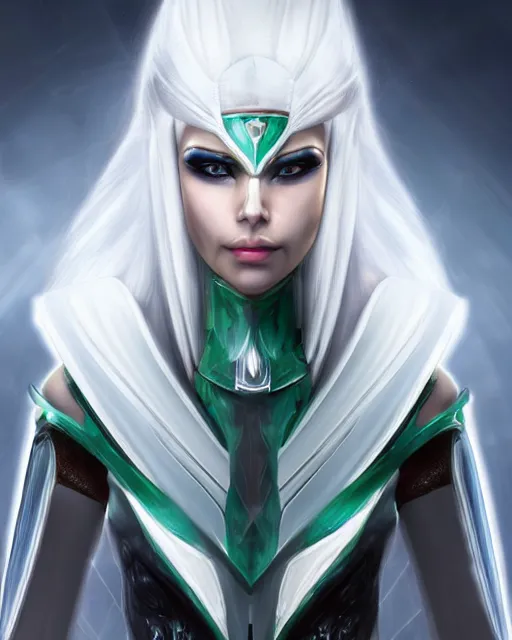 Image similar to perfect white haired attractive egyptian goddess, warframe armor, beautiful, symmetric, dreamy, half asian, pretty face, green eyes, charlize theron, detailed, scifi platform, laboratory, experiment, 4 k, ultra realistic, epic lighting, android body, illuminated, cinematic, masterpiece, art by akihito tsukushi, voidstar