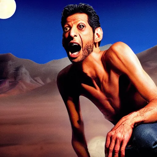 Prompt: Jeff Goldblum on all fours howling at the moon