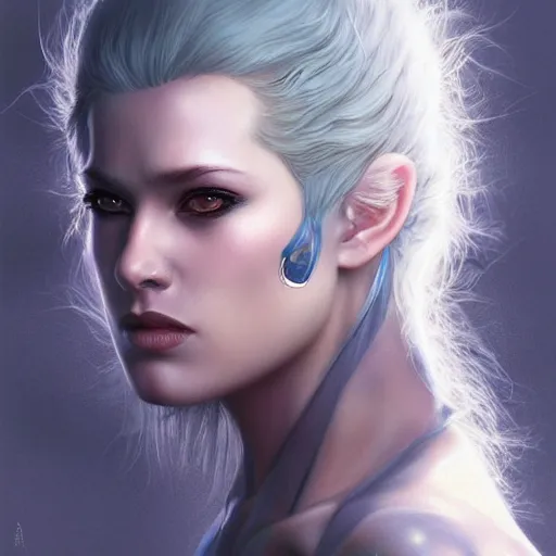 Prompt: half - electric striking warrior woman!!!, adorable, elegant and pretty face, slick hair, realistic shaded perfect face, outstanding details, realistic shaded lighting, dynamic background, artgerm, tom bagshaw, 8 k ultra - realistic, highly detailed, kan liu