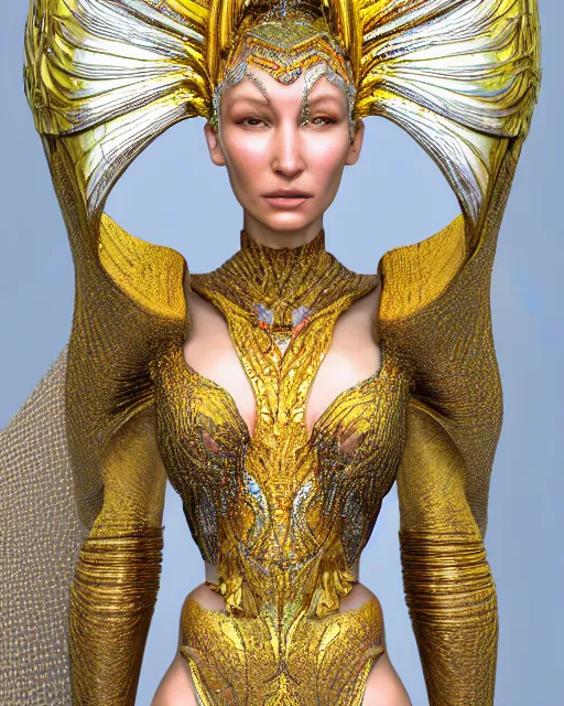 Image similar to a highly detailed metahuman 4 k close up render of an alien goddess bella hadid as goddess in iris van herpen dress schiaparelli in diamonds crystals swarovski and jewelry iridescent in style of alphonse mucha gustav klimt trending on artstation made in unreal engine 4