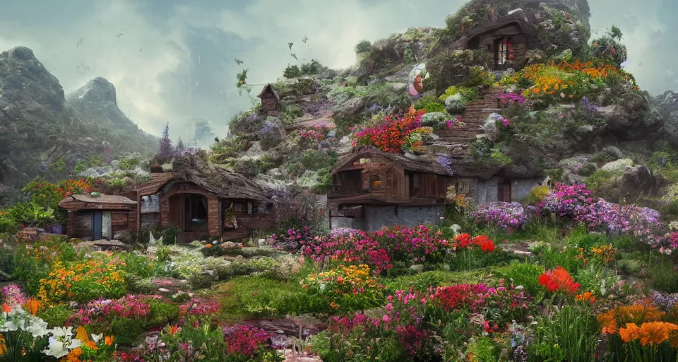Image similar to small house in canyon filled with flowers, giant space ship in the background, photorealistic, trending on artstation, moody