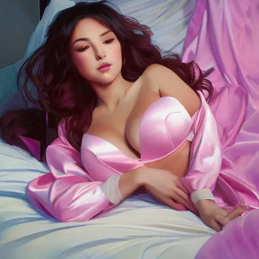 ahri wearing pink satin bra!!!, lying in bed!!!!