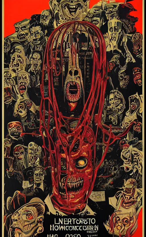 Image similar to cursed with necronomicon horrorcore cel animation poster depicting i don't know, intricate faces, metropolis, 1 9 5 0 s movie poster, post - processing, vector art