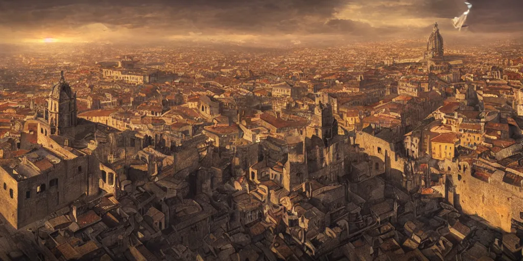 Image similar to the monumental city of caceres with smaug flying over it, dramatic lighting, cinematic, extremly high detail, photorealistic, cinematic lighting, post processed, concept art, artstation, matte painting, style by greg rutkowsky