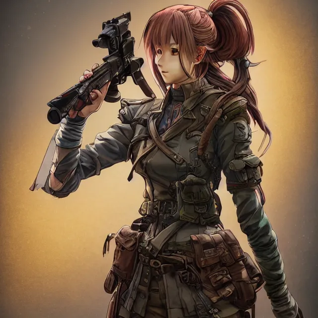 Image similar to the portrait of lawful neutral semi - colorful female infantry gunner as absurdly beautiful, gorgeous, elegant, young anime girl, an ultrafine hyperdetailed illustration by kim jung gi, irakli nadar, intricate linework, bright colors, octopath traveler, final fantasy, unreal engine 5 highly rendered, global illumination, radiant light, detailed and intricate environment