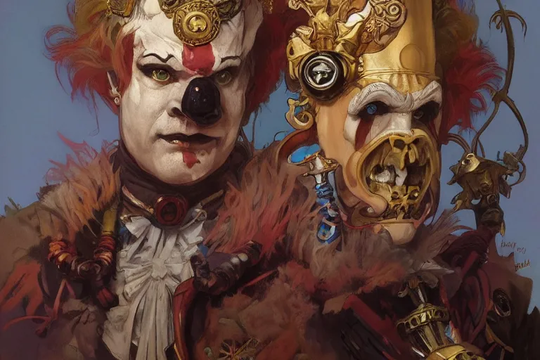 Image similar to full portrait of warhammer 4 0 clown, fantasy, detailed, by alphonse mucha, adolfo hohenstein, alice russell glenny, stanley artgerm lau, greg rutkowski, detailed, trending on artstation, trending on artstation, smooth