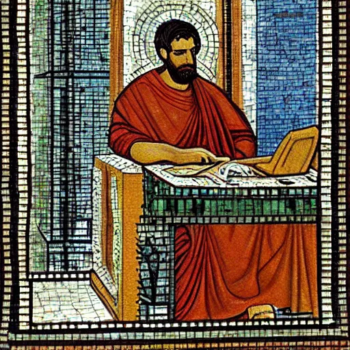 Prompt: romans using a computer in a office, artwork roman mosaic, ancient rome, opus tesellatum.