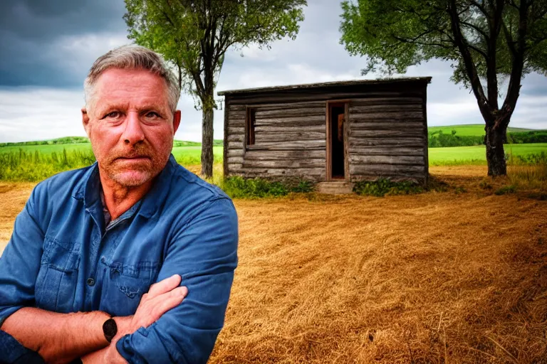 Image similar to a headshot portrait of a farmer, stood outside a wooden cabin, ultra realistic, dramatic lighting