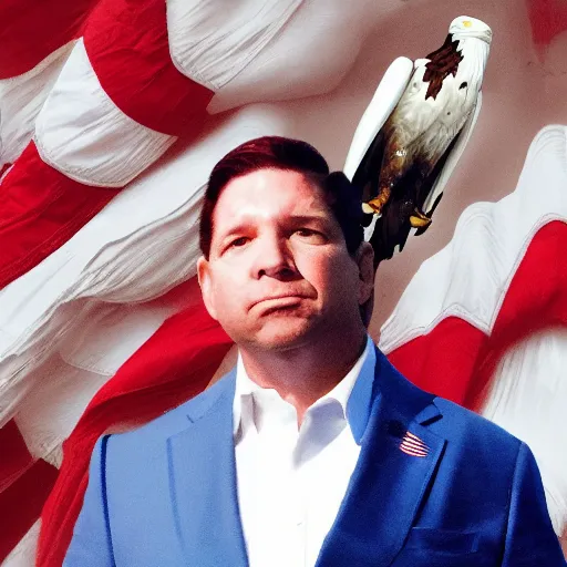 Image similar to ron desantis with bald eagle sitting on his shoulder, award - winning, artstation, patriotic, fireworks in background,