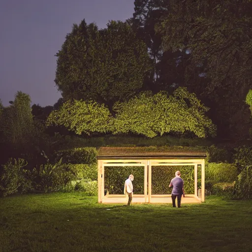 Image similar to A photo of two men in a garden at night walking towards a small wooden garden shed