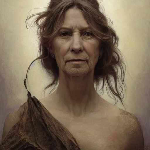 Prompt: hyperrealist portrait of an ancient old three - headed woman standing in a vast empty space with mounds of clay here and there by jeremy mann and alphonse mucha and alan lee, fantasy scifi art, photo realistic, dynamic lighting, artstation, poster, volumetric lighting, very detailed faces, award winning, full face, symmetry