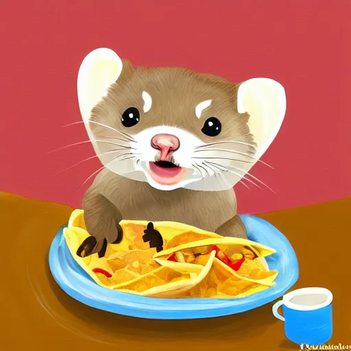 Image similar to a ferret eating a huge plate of nachos with enthusiasm, digital painting