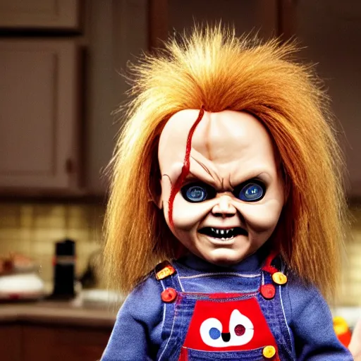 Image similar to chucky the killer doll standing on the kitchen table