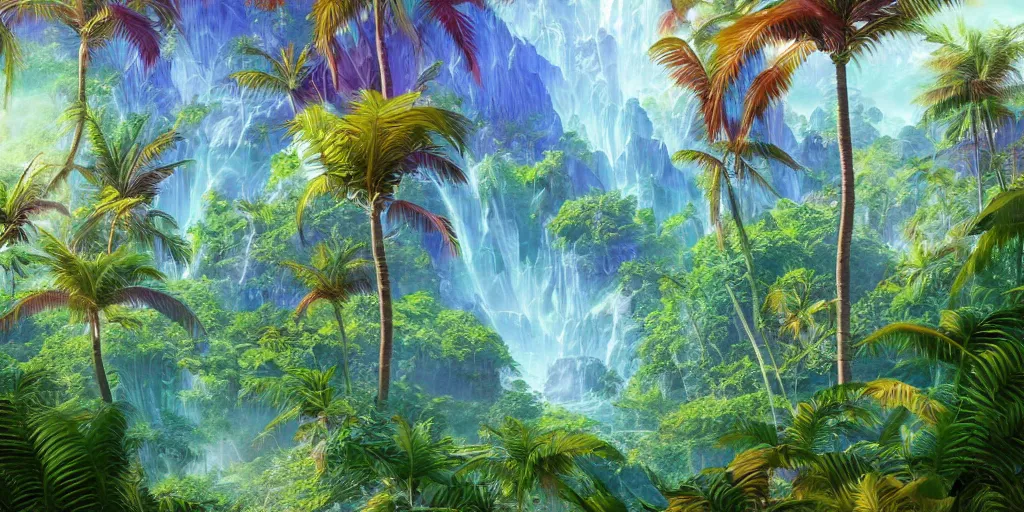 Prompt: a beautiful detailed matte painting of a rainbow crystal with ferns growing out of it, pattern, fractals, raphael lacoste, trending on artstation. Bright trippy tropical island beach, anime vacation.