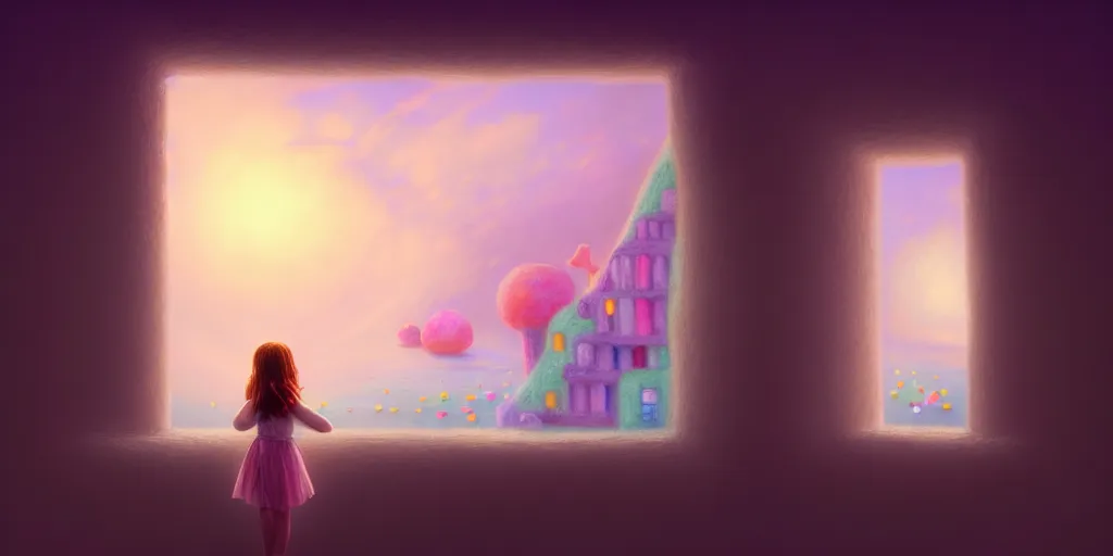 Prompt: ( a house made of sweets has a window that overlooks other universes, a girl from the back looks through the window ) by noah bradley, photorealistic, dynamic lighting, beautiful, trending on artstation, wallpaper, dream, 4 k, award winning, lovely pastel colors, ethereal, elegant
