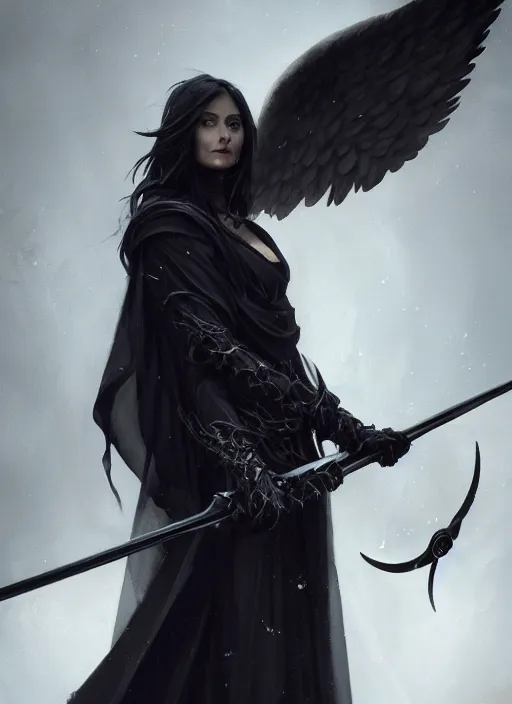 Image similar to a portrait of a beautiful angel of death with black wings holding a large scythe by marco bucci and greg rutkowski, sharp focus, very detailed, cinematic, closeup, trending on artstation, 4 k