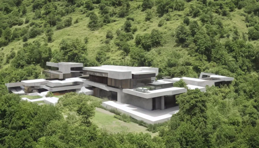 Image similar to villa inspired by tibetan architecture, on a green hill, overlooking a valley with trees, frank lloyd wright, zaha hadid, le corbeusier, photorealistic, birds eye view