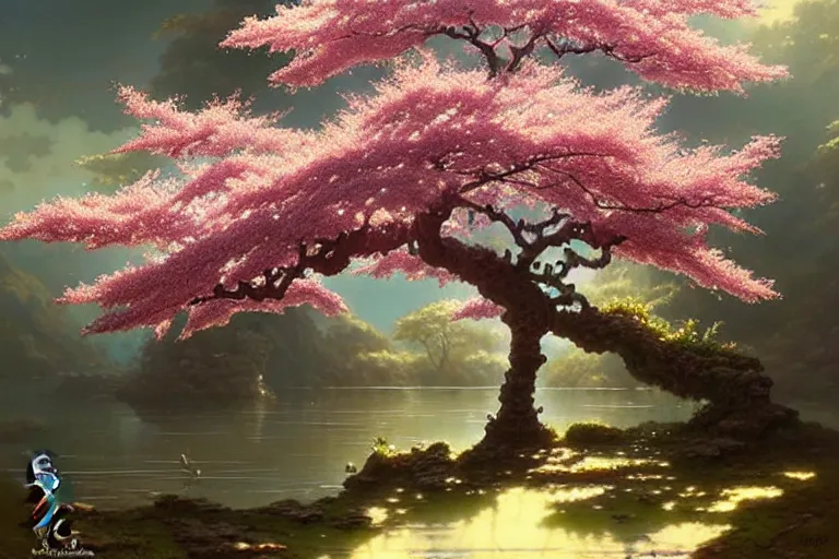 Image similar to highly detailed concept art of a sakura plum tree made with water, overgrowth, Artgerm, Ferdinand Knab, Makoto Shinkai