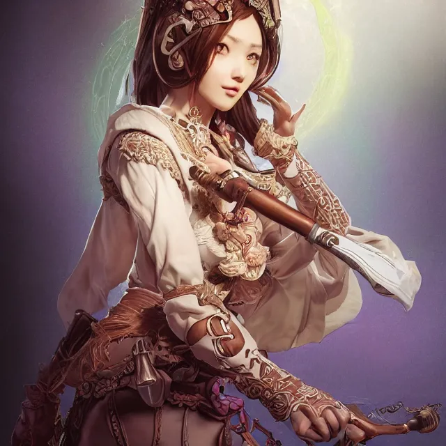 Image similar to studio portrait of neutral good colorful female cleric bard healer as absurdly beautiful, elegant, young skinny gravure idol, ultrafine hyperrealistic face illustration by kim jung gi, irakli nadar, intricate linework, sharp focus, bright colors, octopath traveler, final fantasy, unreal engine highly rendered, global illumination, radiant light, detailed intricate environment