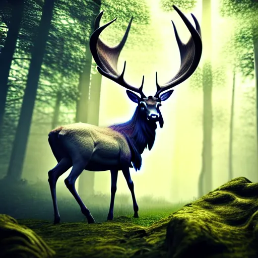 Prompt: beautiful hyper realistic stag. elven, celestial highly detailed magic athmospher. beautiful highly detailed forest background. blue light. sunlight rays throught the trees. intricate, elegant, long shot 8 k rendering.