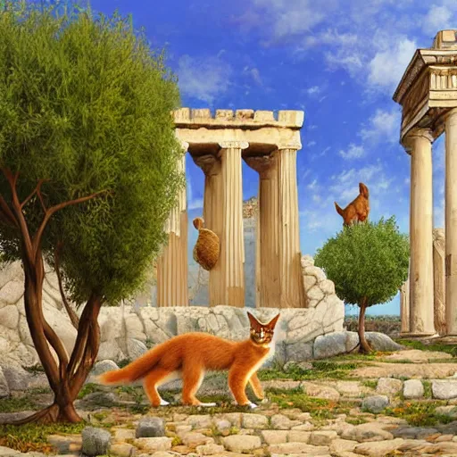 Image similar to cute fluffy caracal in ancient greek town, marble columns, olive trees, sunny, a beautiful landscape by gediminas pranckevicius