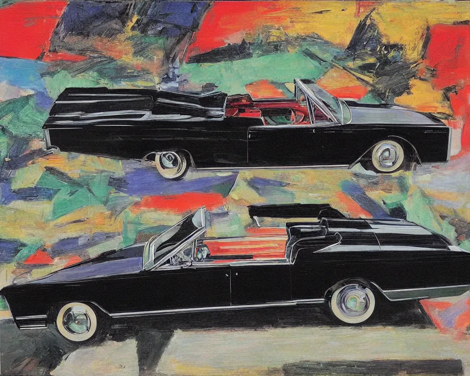 Prompt: an abstract, flat side view of a black 1963 Lincoln Continental convertible. intricate, vibrant, Raphael, Monet, Rene Margritte.