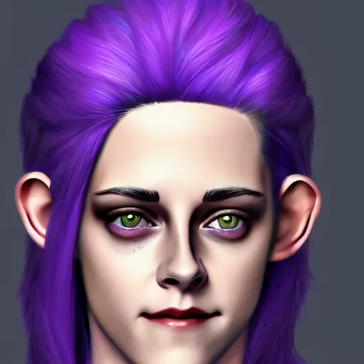 Image similar to Kristen Stewart as a smiling Elf wizard with white hair and purple skin. Photorealistic digital art trending on artstation, artgem, 4k HD.