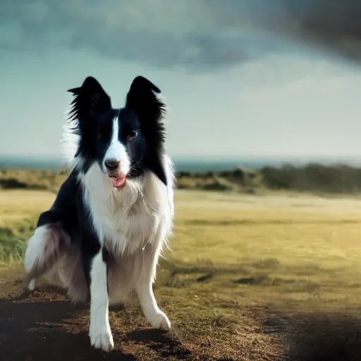 Image similar to Border Collie, splash art, movie still, cinematic lighting, dramatic, octane render, long lens, shallow depth of field, bokeh, anamorphic lens flare, 8k, hyper detailed, 35mm film grain