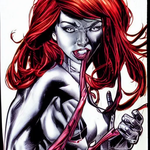 Image similar to awesome drawing of mary jane watson as spider girl, realistic, comic, by mike deodato