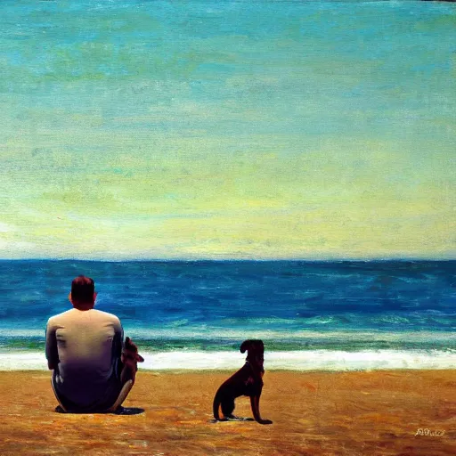 Prompt: a man staring off into the ocean with his dog, impressionist