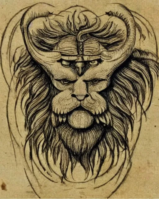 Prompt: a creature with four faces in one, human eyes, eagle beak, lion mane, two horns on the head, drawn by da vinci. symmetrical