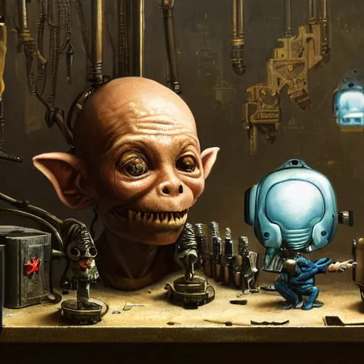 Prompt: closeup portrait of minimalist cyborg midget goblin with painful implants inside byzantine kowloon hoarder workshop filled with dieselpunk equipment, socialist realist composition by by greg rutkowski and h. r. giger and stalenhag and deak ferrand, studio ghibli composition