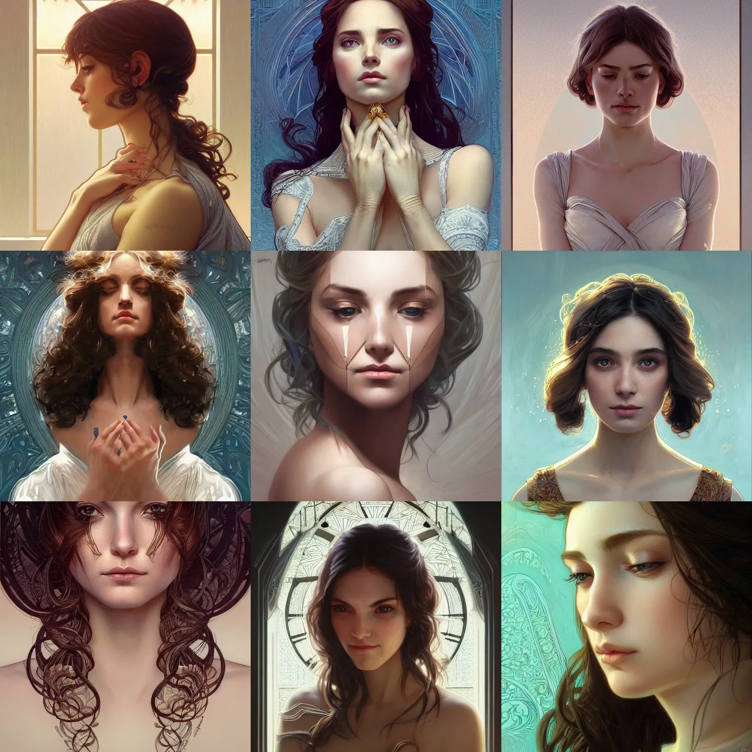 Prompt: symmetric portrait of a beautiful woman, who is sad and looks down because she already knows she\'s leaving, elegant, intricate, headshot, highly detailed, digital painting, artstation, concept art, sharp focus, illustration, art by artgerm and greg rutkowski and alphonse mucha