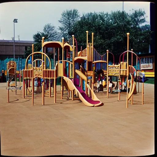 Image similar to full - color 1 9 7 0 s photo of a vast incredibly - large complex very - dense tall many - level playground in a crowded schoolyard. the playground is made of wooden planks, rubber tires, metal bars, and ropes. it has many spiral staircases, high bridges, ramps, balance beams, and metal tunnel - slides.