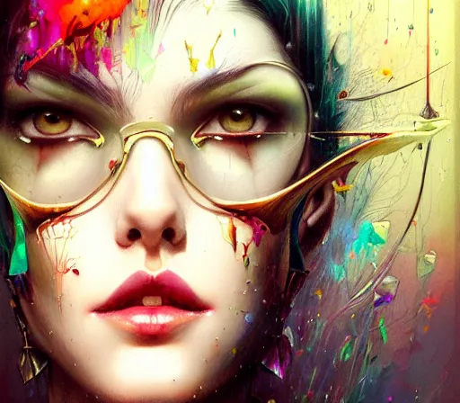 Image similar to a portrait of Bayonetta , tall, pale-skinned, by Stanely Artgerm,Tom Bagshaw,arthur adams,Carne Griffiths,trending on DeviantArt,street art,face enhance,chillwave,maximalist,full of color,glittering